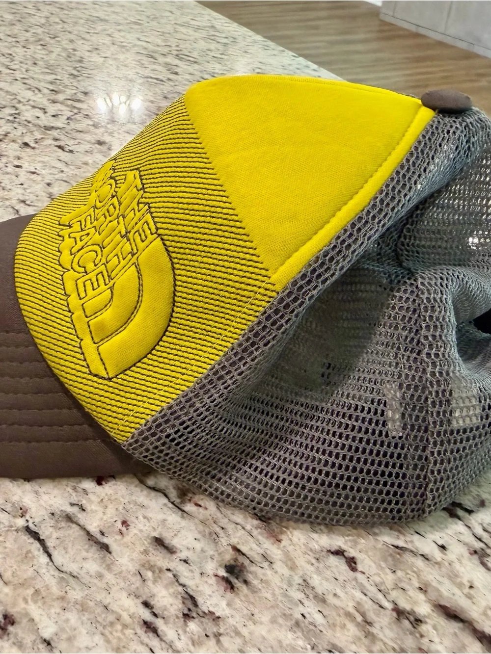 The North Face Cross Stitch Trucker Hat Cap Snapback One Size Yellow Gray